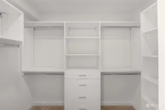 The expansive walk-in closet features pre-installed built-in drawers & hanging space, making moving day that much easier.  (Photos of similar home in Willow North)