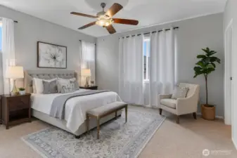 Retreat to your elegant primary suite featuring soft natural light, soothing tones, and a spacious layout. Perfectly designed for relaxation, this serene space offers both comfort and style. Virtually staged