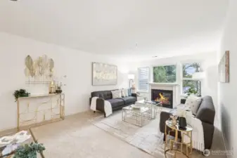 Gas fireplace with lots of windows and views.