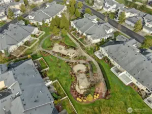 Drone view of cabana/gazebo in complex.