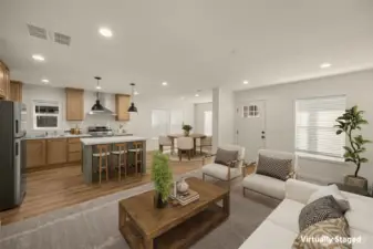 Virtually staged perspective of living room, dining room, and kitchen