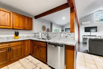 Kitchen looks out to dining