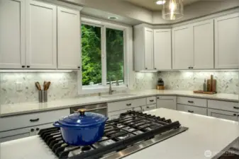 This pristine kitchen features a sleek gas cooktop on the quartz island, under-cabinet lighting, and expansive counter space offering both elegance and function.