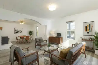 Welcom home, large dining and living room, OR you could use the whole space for a large living room! DIGITALLY STAGED