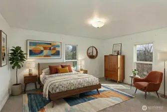 Primary suite upstairs: digitally staged