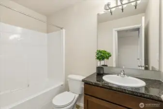 Hall Bath - Full Bath with granite counters and vinyl shower enclosure