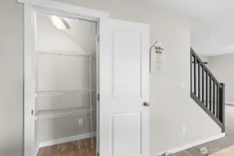 Walk-in pantry features storage space to the back of the stairs.
