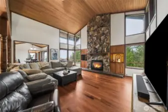 soaring vaulted cedar ceilings with ceiling fan