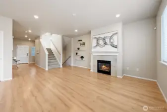 A cozy gas fireplace for chilly mornings.
