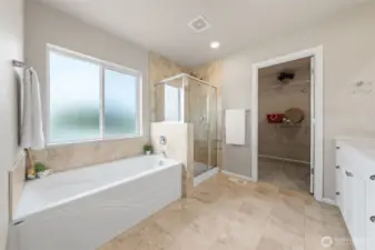 Primary bath shower and separate soaking tub.