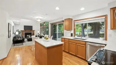 The family room is located just off of the kitchen and eating nook