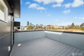 Rooftop deck #1 with views of the Seattle skyline.