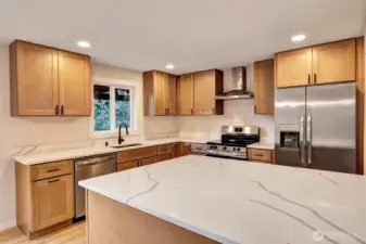 A stunning kitchen! New cabinets, high end slab quartz counters and quite possibly one of the largest island slabs you have seen.