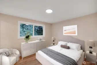 Primary bedroom is very spacious and attached to a dedicated primary bath. virtual staging