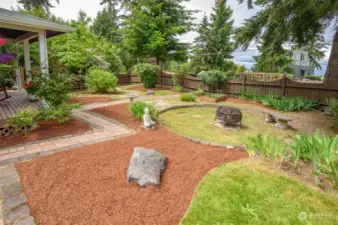 In the front, well designed garden beds and hardscaping.