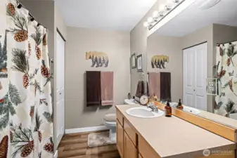 The guest bath features a full tub and shower, plus a spacious countertop with plenty of room for all the daily essentials.