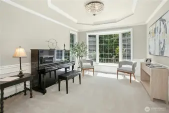 Step into the formaldining space or music room, where a coffered ceiling adorned with a sparkling chandelier adds a touch of sophistication. The bay window invites sunlight to spill across the room, creating the ideal space for quiet reflection or an intimate recital. Crisp white wainscoting continues the classic design, seamlessly tying together the elegance of this inviting space.