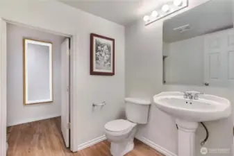 Downstairs powder bath with additional storage area under the stairwell.