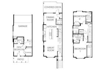 Floorplan of Residence 1, 1705 square feet.  3 bed, 2.5 bath with 2 car garage.