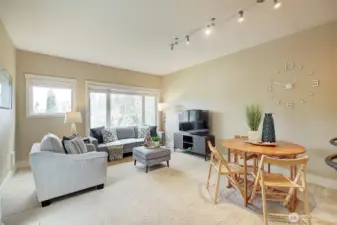 An alternate view of the living and dining area.