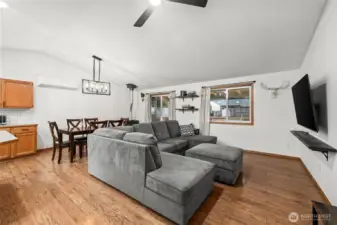 A pellet stove sits in the far corner and provides cozy warmth and ambiance on chilly evenings.