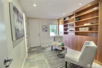 Lower bedroom with many built-ins.