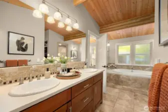Dual vanity with very nice jet tub.