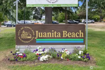 Juanita Beach Park features a playground, bathhouse with restrooms, sand volleyball courts, ballfields, tennis courts, walking path, picnic shelters and a seasonal swimming area.