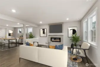 Virtually staged great room & formal dining.  Color may vary.