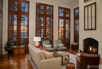 Wide Plank, reclaimed old growth fir floors lend warmth and character to the open concept living room.
