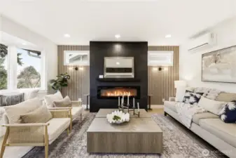 Living room feature wall with electric fireplace.