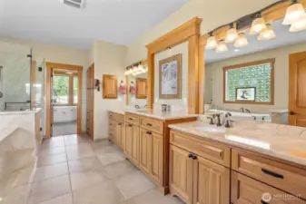 Step into this luxurious Primary Full Bathroom and feel like you have your own Spa!! Slab granite dual bathroom stations, jetted tub and walk-in oversized glass shower! This walks into a HUGE walk-in closet/dressing room!