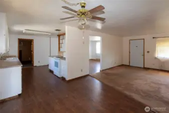 Kitchen, dining and living