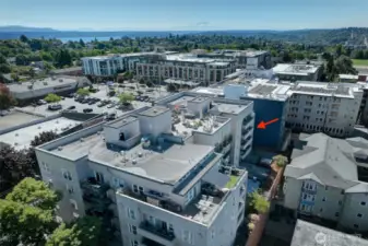 Mount Rainier in the distance, can be seen from the rooftop deck. Easy walk to Walgreens, Amazon Fresh and the bakery. And after the bakery... the gym!