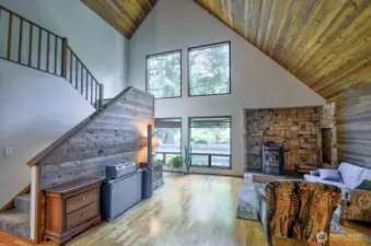 Great room with wood ceiling.
