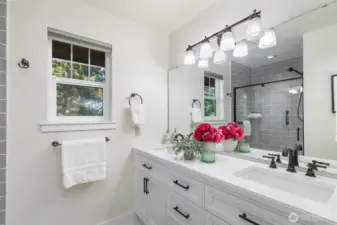 Lovely renovated primary bathroom, light and bright.