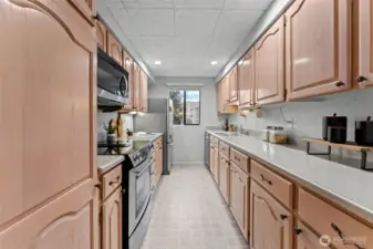 Great galley style kitchen featuring modern stainless steel appliances, generous counter space, and classic cabinetry.