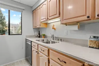 Stainless steel double sink and modern fixtures sit beneath the window, creating a cheerful workspace with peaceful views while enhancing everyday functionality.