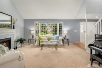 Living room looks out over the cul-de-sac