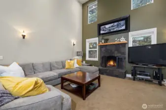 The living room has 20' ceilings and is spacious. It looks out to the rear yard and forested area beyond, and there is a lovely wood-burning fireplace.