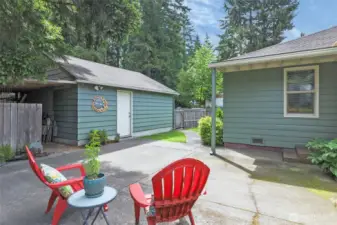 View of garage and back gate