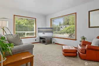 Interior blinds on picture windows offer slats for light control