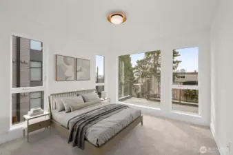 Light and bright, this guest bedroom is ready to host your loved ones. This image is virtually staged.