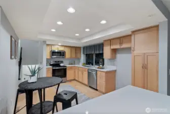 Large kitchen layout allows for additional seating.