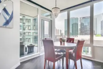 Dining area with crystal chandelier