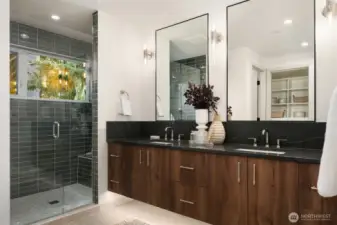 Primary with Floating Double Vanity, Under Cabinet Lighting and Heated Tile Floors