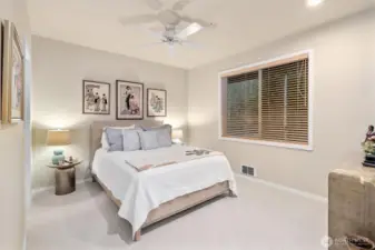 Peaceful guest bedroom with walk-in closet.
