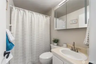 Full bathroom with tub/shower combo and ample storage.