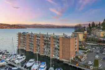 Elevated view showcasing the building’s direct connection to Lake Washington.