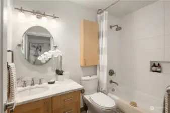 Serene bathroom with ample storage